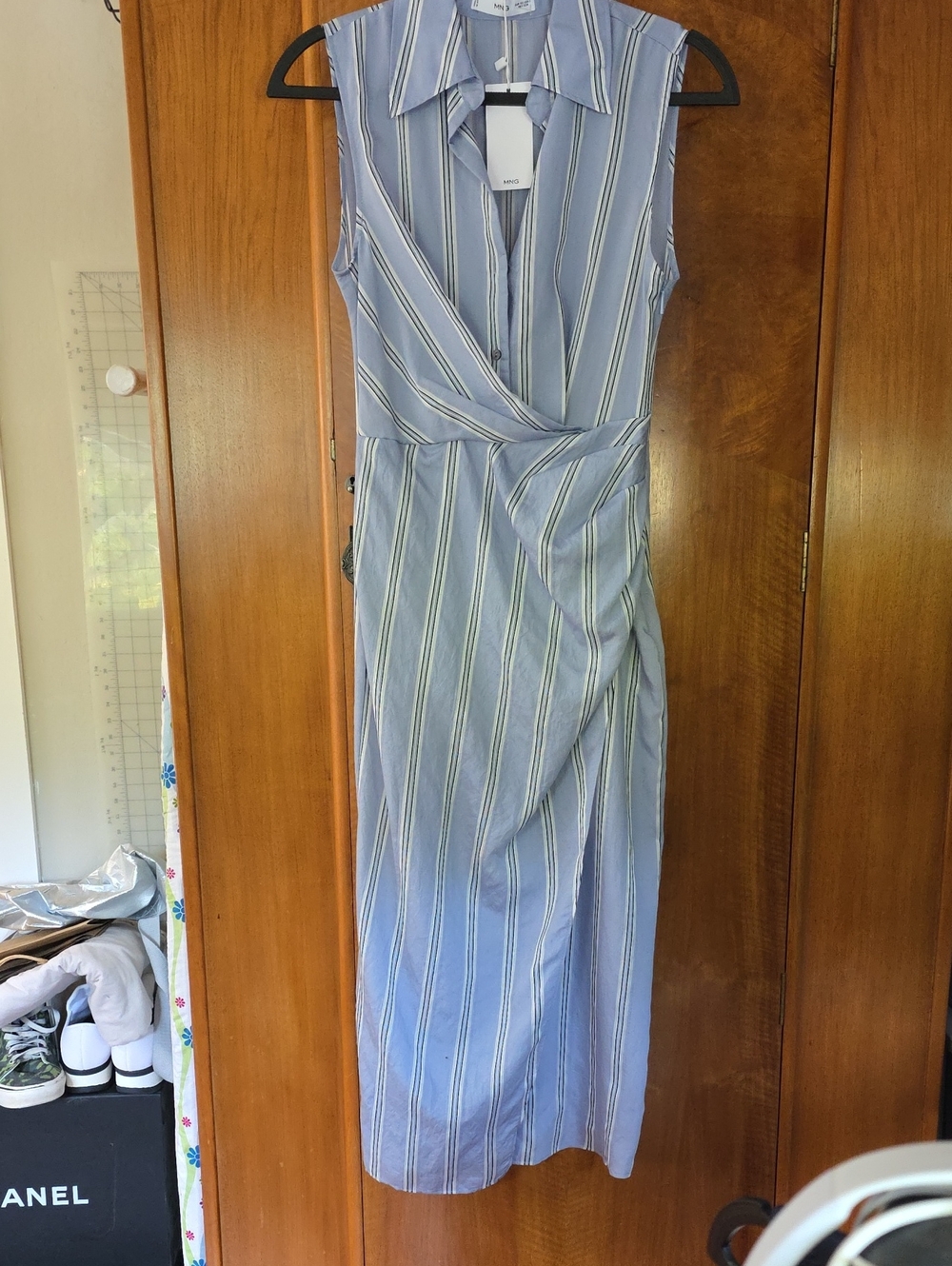 NWT MNG MANGO Sleeveless Light Blue and White Striped Midi Wrap Dress
